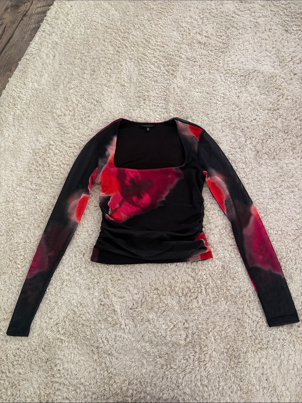 Dynamite Black and Red Floral Square Neck Long Sleeve Top